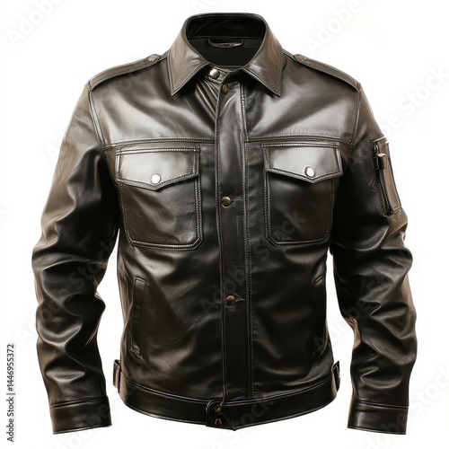 Black leather jacket, button-up style, with utility pockets  Detailed, functional design