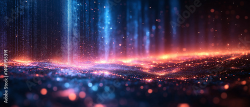 Glowing blue and purple data flow dots on a dark background with space for text