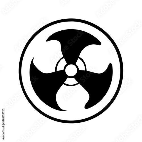 Black and white image of a circular radiation symbol warning sign