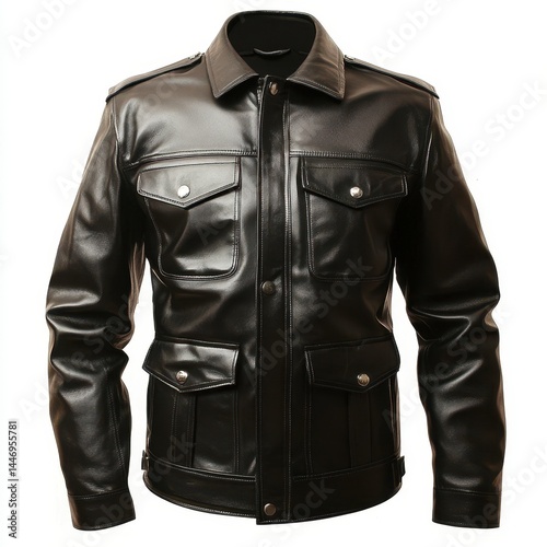 Polished black leather jacket with multiple pockets  Features a button-down closure and long sleeves