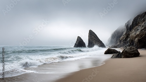 Dramatic rocky coastline with fog and waves at Praia da Ursa, Portugal