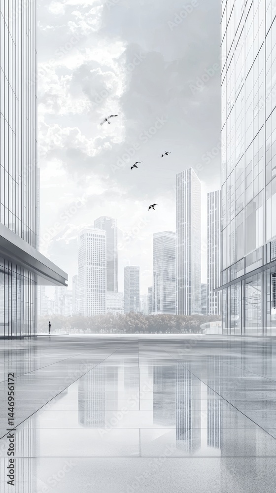 Fototapeta premium A serene urban landscape with modern skyscrapers reflecting in tranquil water.