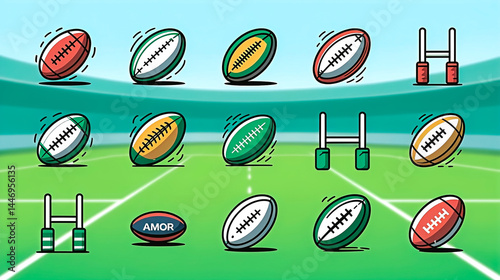 Modern icon set featuring rugby balls and rugby goalposts in dynamic, stylized designs