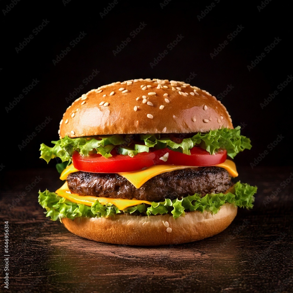 Delicious cheeseburger with lettuce and tomato on sesame bun Delicious cheeseburger with lettuce and tomato on sesame bun