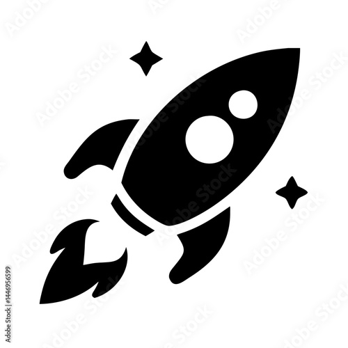 A Black Rocket Ship Icon Launching into Space with Stars