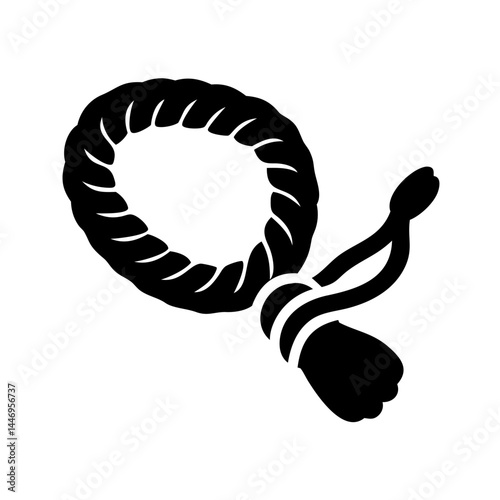 A black and white illustration of a hangman's noose rope knot isolated on white background