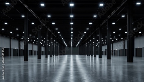 Empty, vast, industrial space with rows of black columns and bright overhead lights