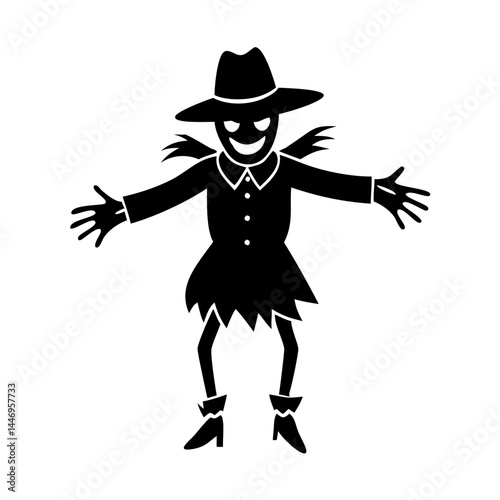 A spooky Halloween scarecrow illustration with a wide grin and outstretched arms