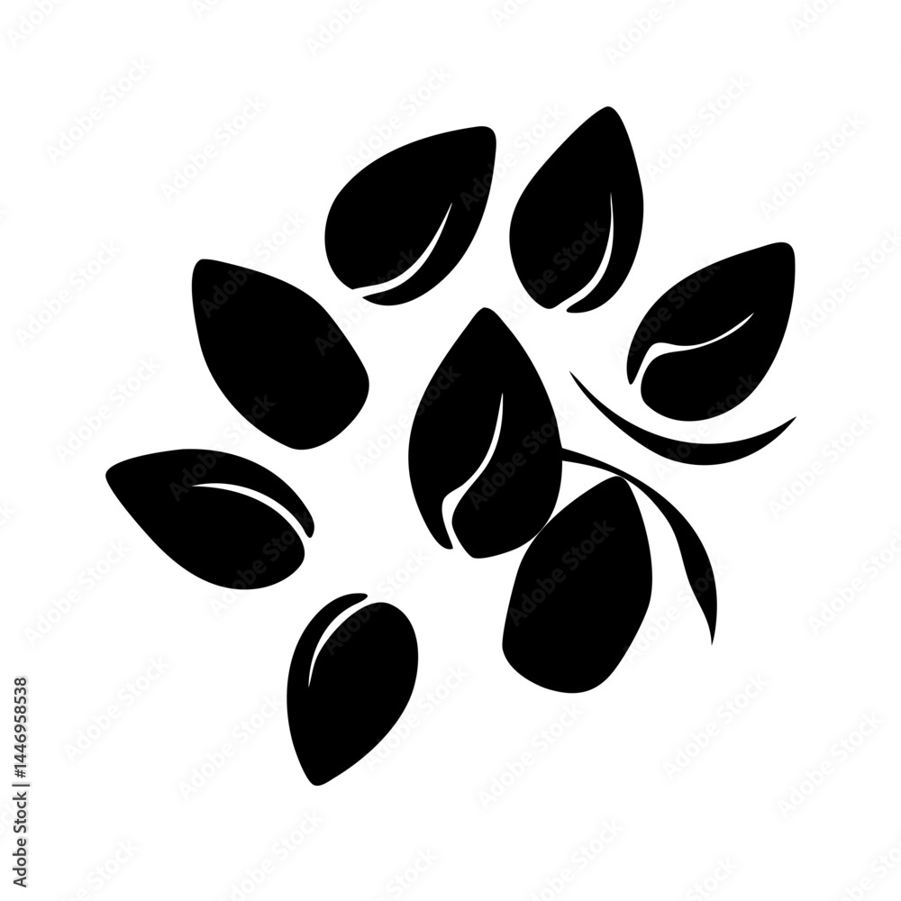 Naklejka premium Stylized illustration of almonds on a branch a cluster of black almond nuts and leaves design element