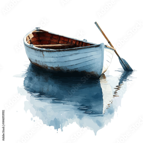 Rowboat With Oars Drifting On A Serene Lake, watercolor vector, isolated on a white background.