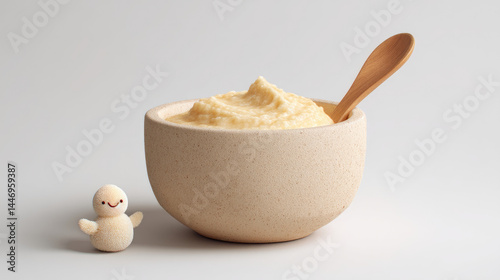 Creamy, light-yellow food in a beige bowl,  small wooden chick figurine beside