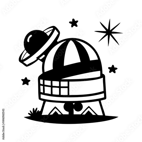 A whimsical illustration of a space observatory under a starry night sky
