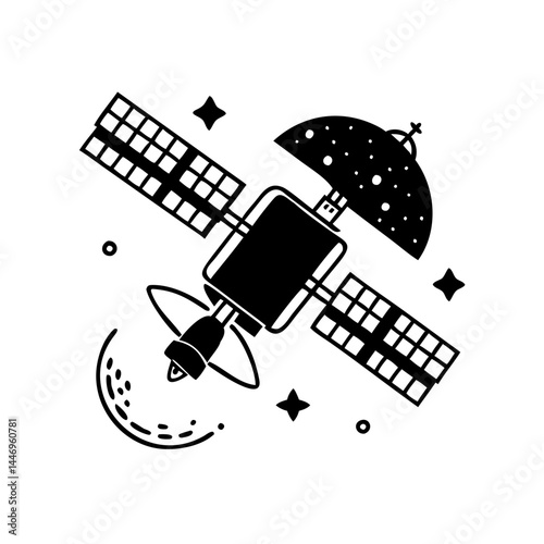 A Black and White Illustration of a Satellite Orbiting in Space with Stars and Space Debris