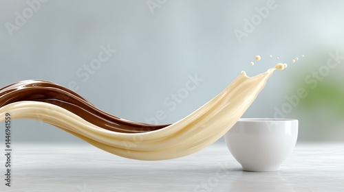 Creamy sauce flowing into a white cup. photo