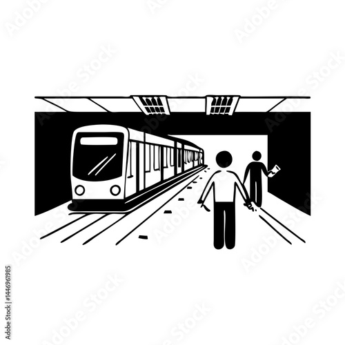 Subway Train Arriving at Platform Passengers Waiting for Transportation Public Transit System Underground Railroad Commuter Travel Urban Scene Cityscape Modern Railway