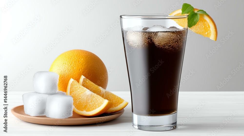 Fototapeta premium Refreshing beverage with ice and citrus slices.