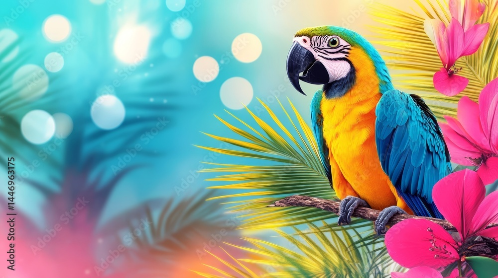 Fototapeta premium Tropical parrot macaw perched on branch surrounded by lush pink tropical flowers in a vibrant bokeh lit background a cheerful avian portrait