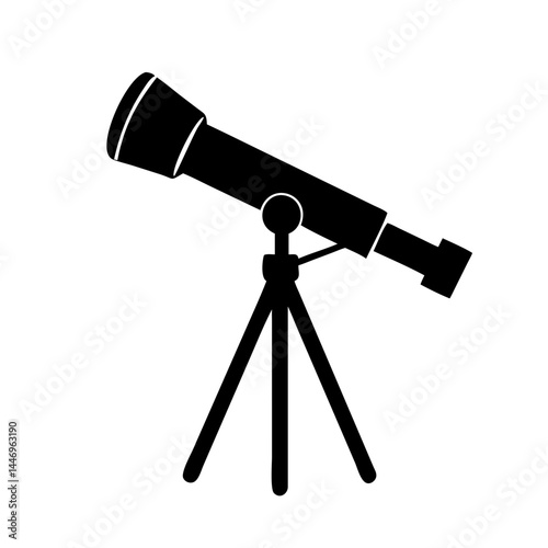 A black silhouette of a refracting telescope on a tripod stand, ideal for astronomy observations, space exploration, and scientific research