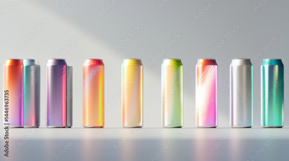 Fototapeta premium Colorful beverage cans lined up elegantly showcasing modern design trends.