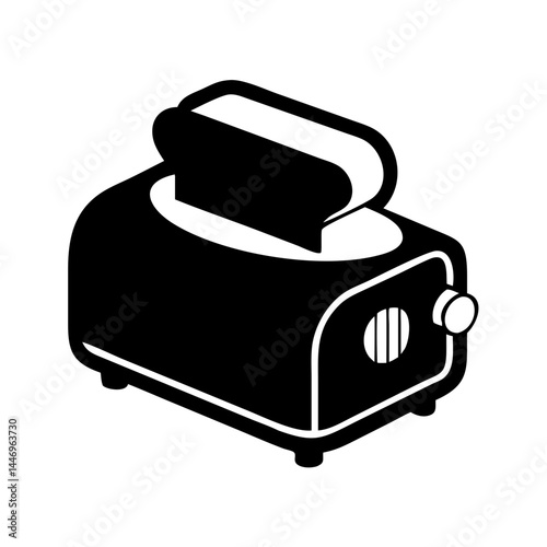 A Black and White Isometric Illustration of a Toaster with Bread Popping Up