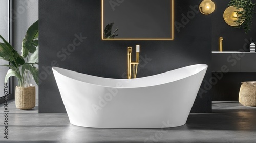 Modern, freestanding bathtub in a sleek, contemporary bathroom.