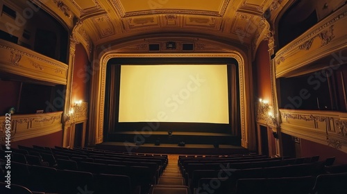 Interior view of an old vintage movie theater auditorium with seats.