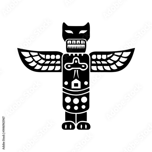 Black and White Stylized Totem Pole with Winged Creature Native American Indigenous Art