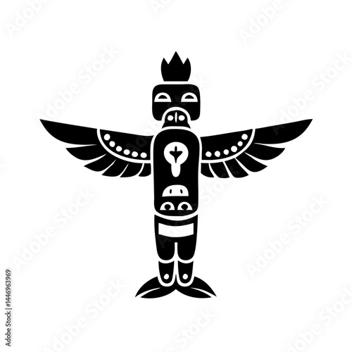 Native American Totem Pole Art Bird Design Graphic Black and White Illustration