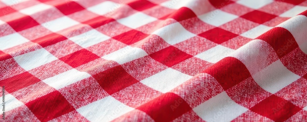 Fototapeta premium Crisp red & white checkered linen tablecloth, textured weave , checkered, kitchen, table