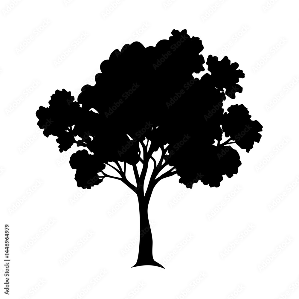 Fototapeta premium Black Silhouette of a Lush Full Tree Isolated on White Background