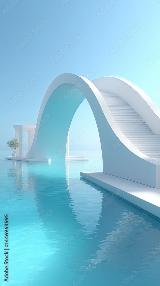 Naklejka premium A white arched bridge over water, in a futuristic style, with a cinematic feel. Rendered using an Arri Alexa camera, this architectural rendering has a minimalist aesthetic with no.