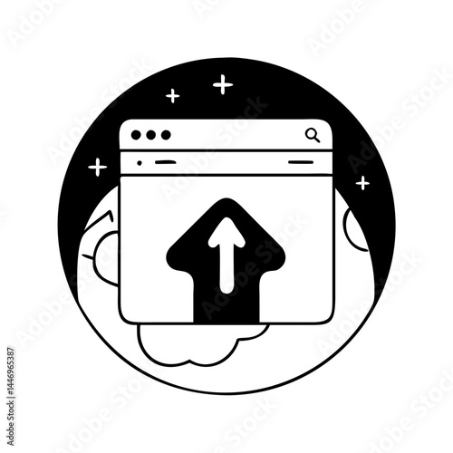 Webpage Upload Process Online Data Transfer  Digital File Sharing  Internet Technology  Cloud Storage  Modern Interface  Simple Icon  Graphic Design  Circular Element  Black and White  User Interface