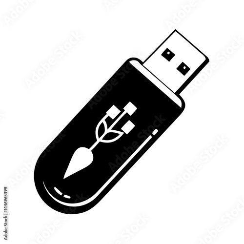 Black and White Illustration of a USB Flash Drive with a Unique Data Transfer Symbol