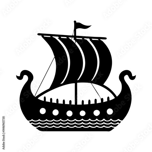 A Classic Black and White Silhouette of a Viking Longship Sailing on the Ocean Waves