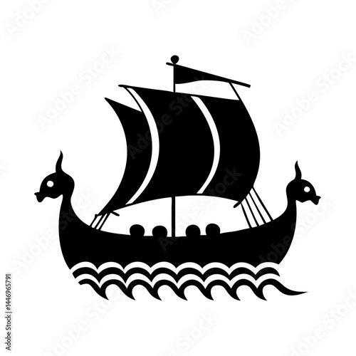 Stylized Black and White Viking Longship Sailing on Waves