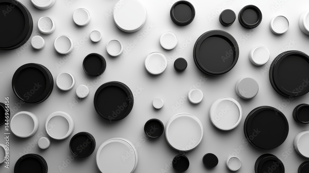 Monochromatic Geometric Harmony: A Serene Arrangement of Circular Forms in Black and White Tones, Presenting a Balanced Composition Monochromatic Geometric Harmony: A Serene Arrangement of Circular Forms in Black and White Tones, Presenting a Balanced Composition