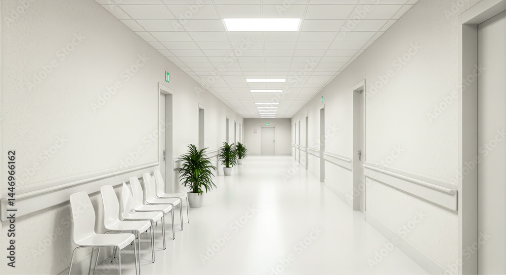 Fototapeta premium sterile white hospital hallway with rows of chairs
