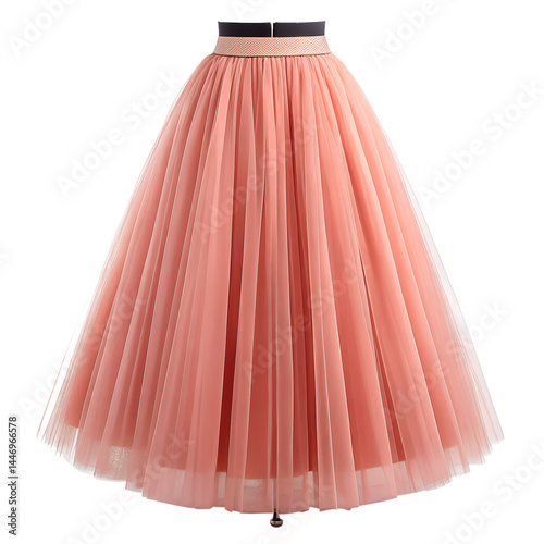 Romantic Pink Tulle Skirt with A-Line Silhouette and Pleats – Elegant Feminine Dance-Inspired Fashion on Transparent Background