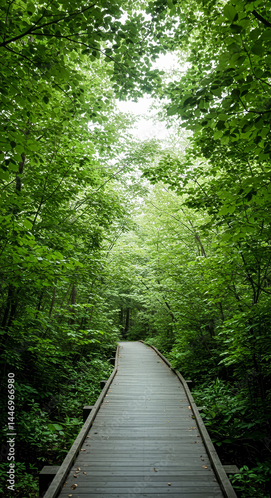 Obraz premium wooden boardwalk path through lush green forest