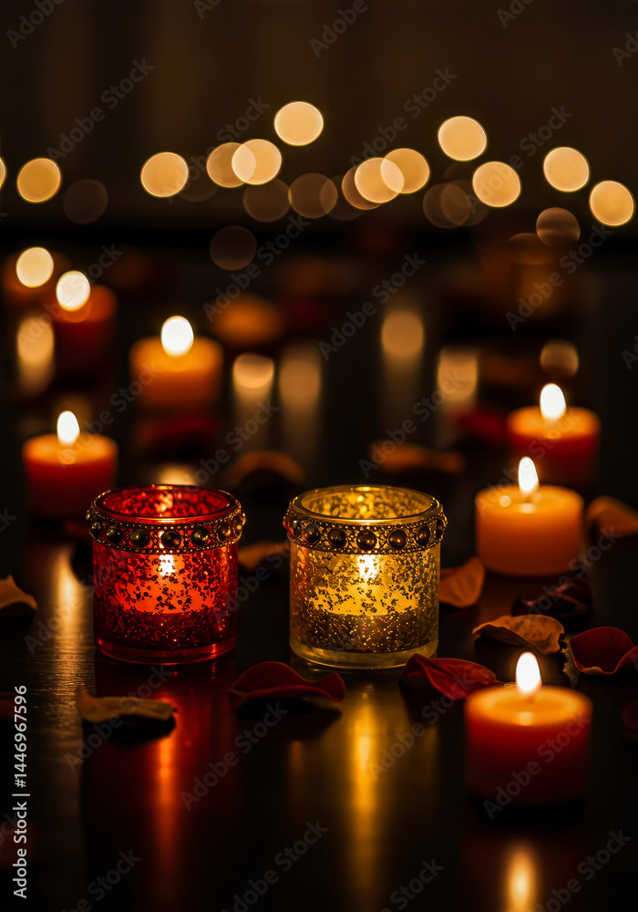 two illuminated candle holders with warm light and rose petals two illuminated candle holders with warm light and rose petals