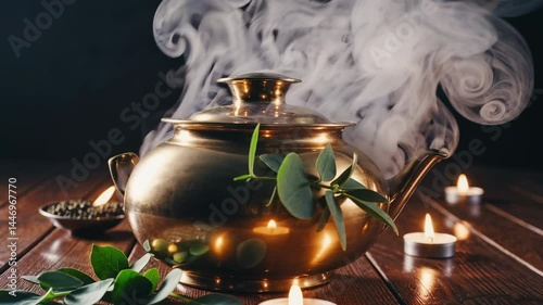 Scene of Ayurvedic herbal steam therapy with a brass pot releasing gentle vapor surrounded by green herbs in warm light creating a calm natural healing atmosphere