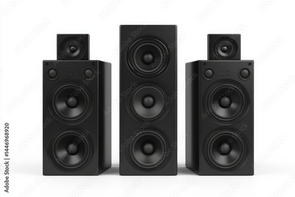 Black audio speakers, various sizes, studio quality Black audio speakers, various sizes, studio quality