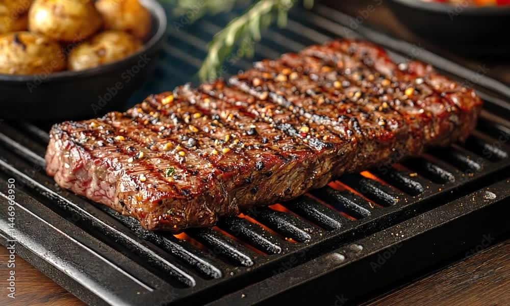 Grilled steak with char marks served on a sizzling grill alongside roasted potatoes and vegetables