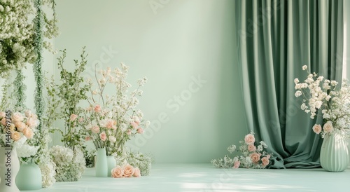 A serene floral arrangement in a pale mint green room with soft drapes.