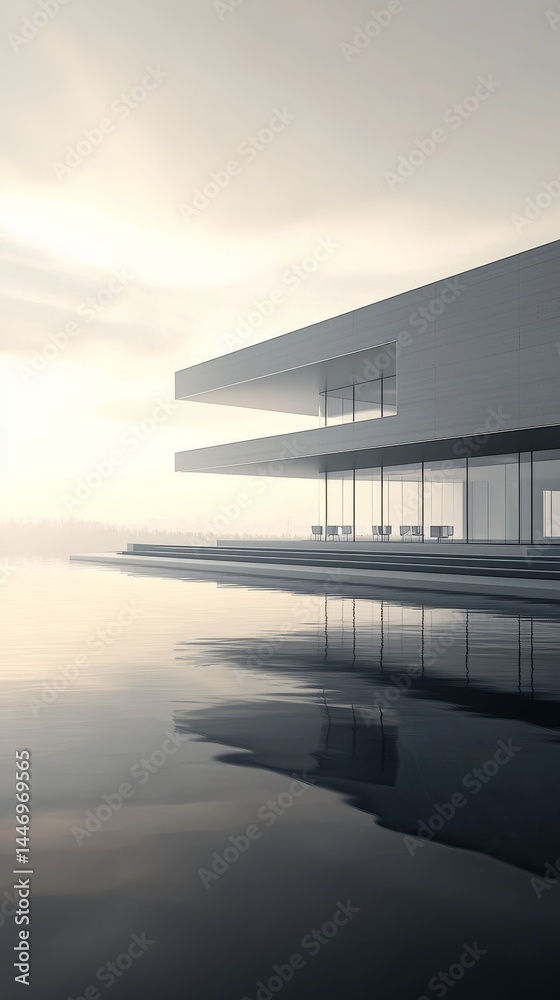 Modern architectural masterpiece reflecting in tranquil water under a cloudy sky. Modern architectural masterpiece reflecting in tranquil water under a cloudy sky.