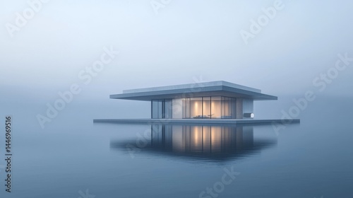 Modern architectural masterpiece floating on tranquil waters in misty ambiance.