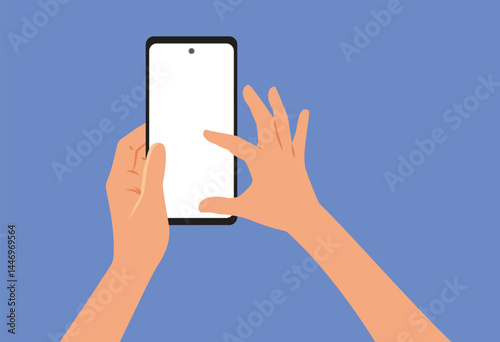 Person Holding Phone Zooming on a Screen Vector Illustration. Gesture by which a person enlarges details on the mobile phone screen 