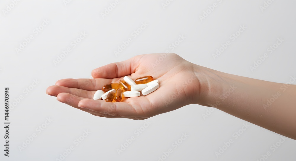 Hand Offering Multivitamin Supplements Capsules for Healthcare and Wellness Hand Offering Multivitamin Supplements Capsules for Healthcare and Wellness