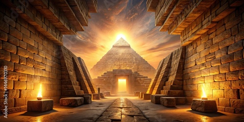Mysterious stone walls and ancient hieroglyphics adorn the interior of a vast pyramid chamber filled with a warm golden light , pyramid, chamber