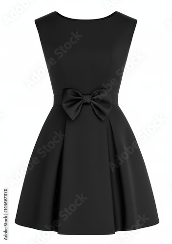 Black sleeveless A-line dress with a satin bow at the waist  Features a round neckline and full skirt